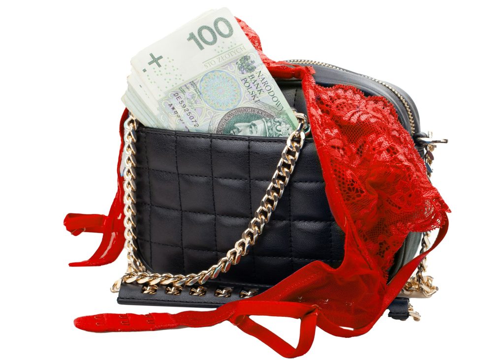 Closeup shot of a bag with money and lingerie on an isolated background - concept of prostitution